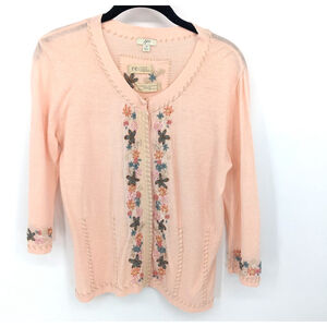 J Jill Sweater Womens Small Pink Floral Embroidered Linen Blend Cardigan Cottage